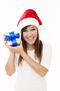 Santa girl holding christmas gift